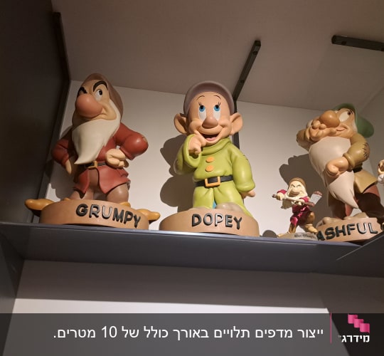 פסלים של גמדים על מדף עם שמותיהם